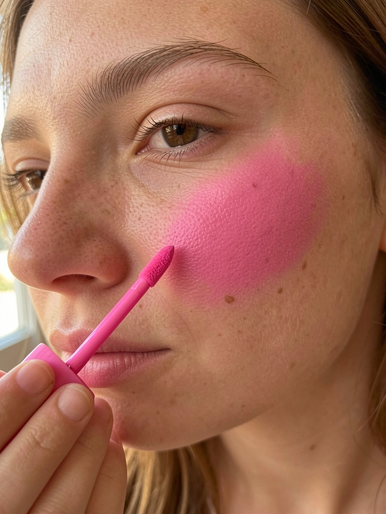 Jovem aplica blush rosa vibrante com pincel de batom, luz natural suave, pele com textura realista e fundo interno desfocado.