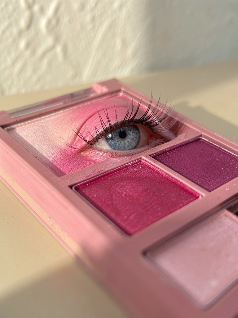 Paleta de sombras rosas e magentas em superfície bege clara, olho azul-acinzentado com cílios longos e sombra no côncavo, luz natural suave.