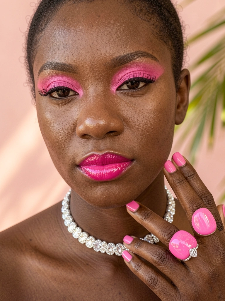 Close-up de uma mulher negra com sombra rosa vibrante e batom pink, colar de diamantes e anel rosa, unhas combinando, fundo blush suave com luz natural difusa.