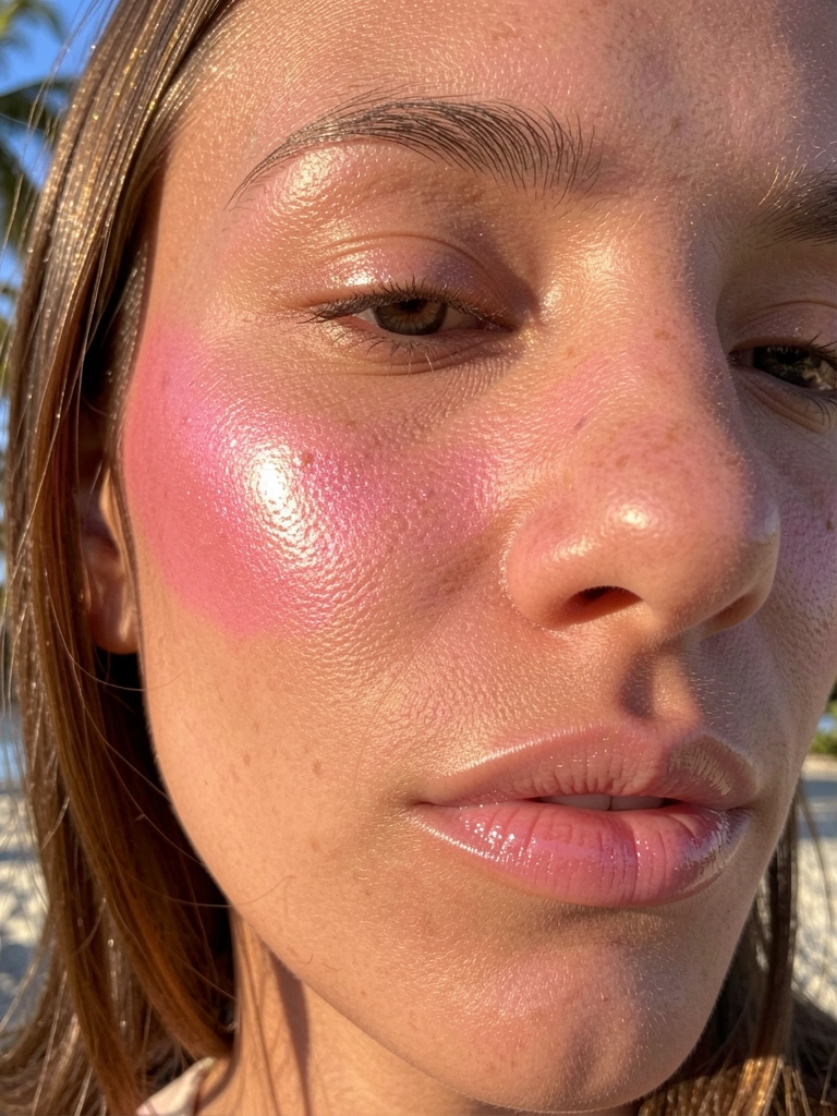 Close-up de rosto feminino com blush rosa cintilante, lábios com brilho natural, luz natural destacando a textura da pele.