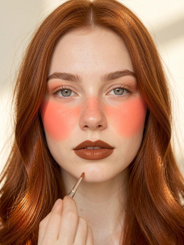 Jovem com cabelo ruivo e blush coral intenso nas bochechas e nariz, olhos cinza claro e lábios com batom marrom, luz suave destacando a textura da pele.