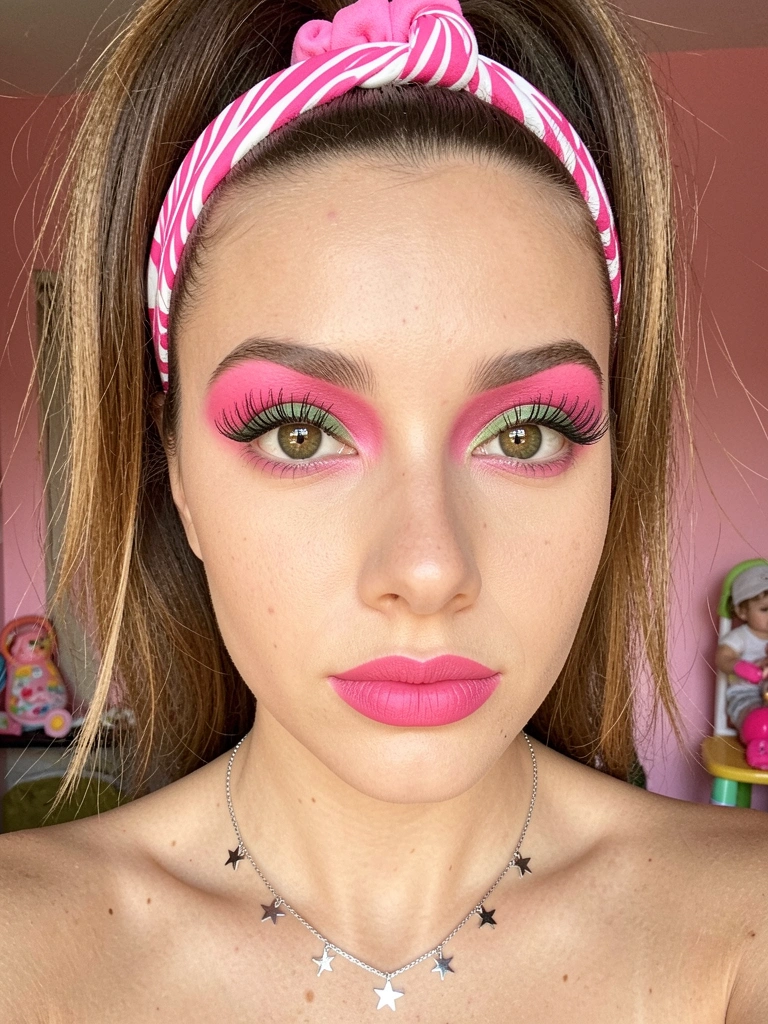 Jovem de olhos verdes com sombra pink, batom rosa e rabo de cavalo alto com scrunchie rosa, colar de estrelas prateado e tiara de zebra rosa e branca, luz natural e parede rosa ao fundo.