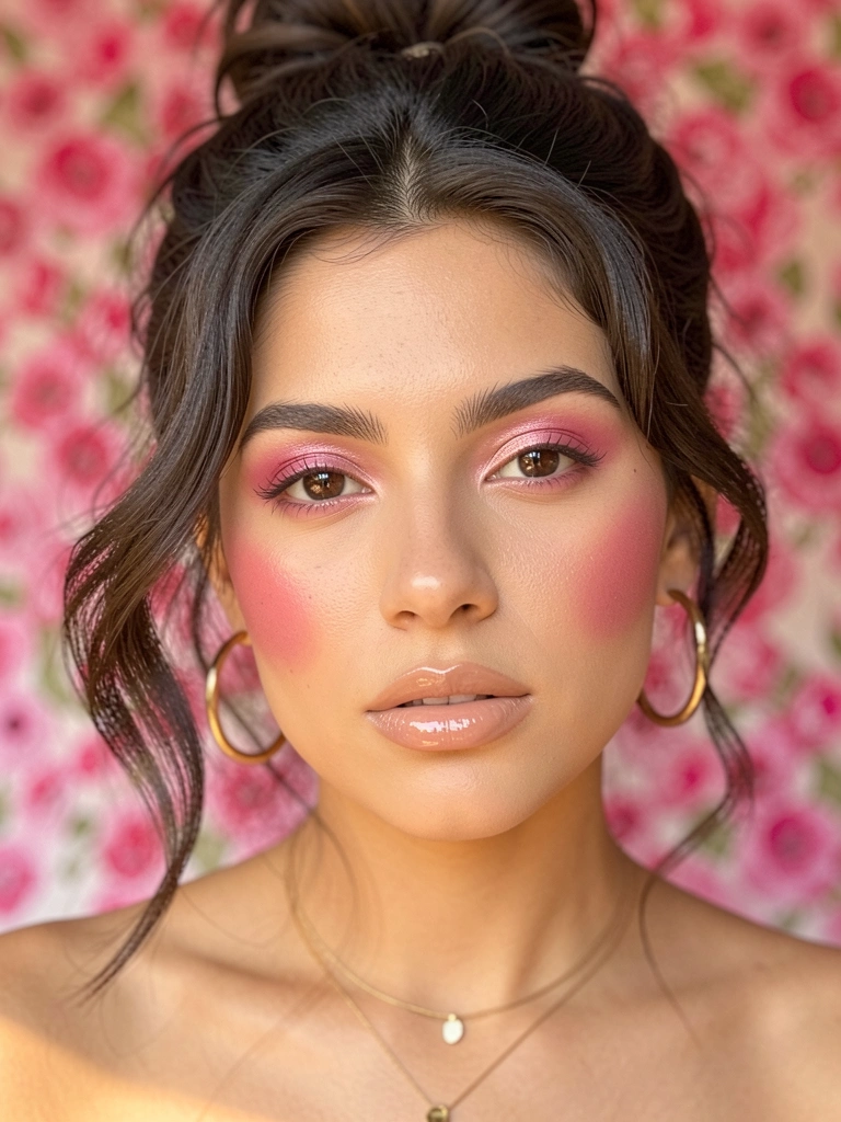 Close-up de jovem com cabelo escuro ondulado em coque bagunçado, sombra rosa sofisticada, pele com glow natural e colar delicado, fundo floral desfocado.