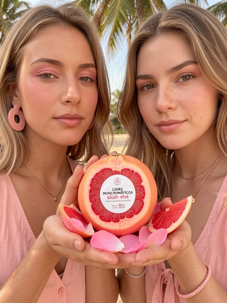 Duas mulheres de blush pink seguram uma grapefruit com rótulo branco, cercada por pétalas de rosa e fatias da fruta, luz natural difusa.