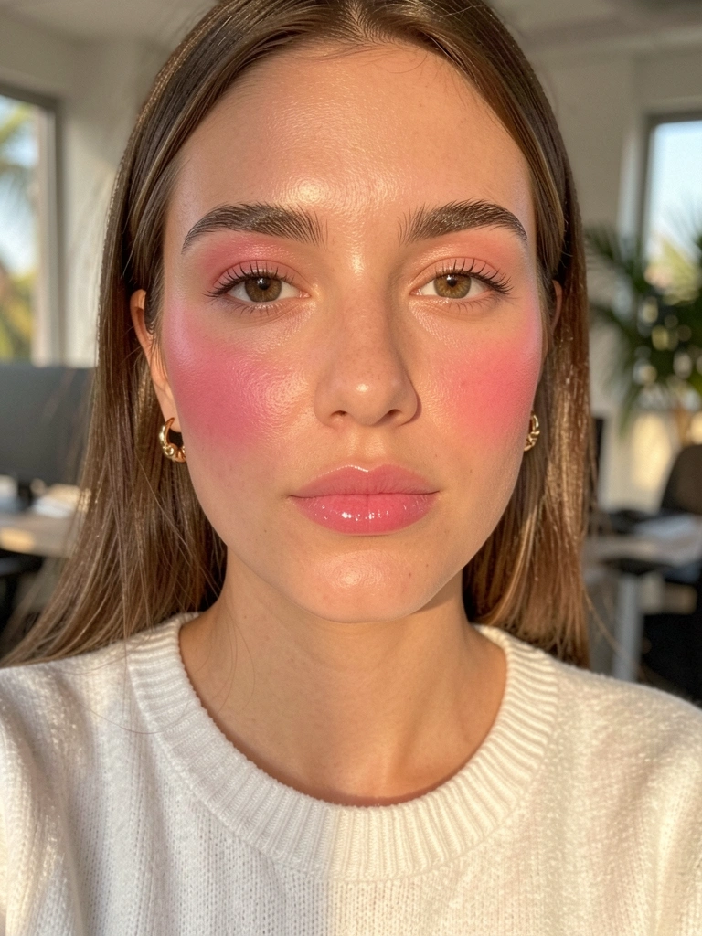 Jovem com blush rosado e lábios gloss, suéter branco de gola redonda e brincos de ouro, luz natural suave, fundo de escritório desfocado.