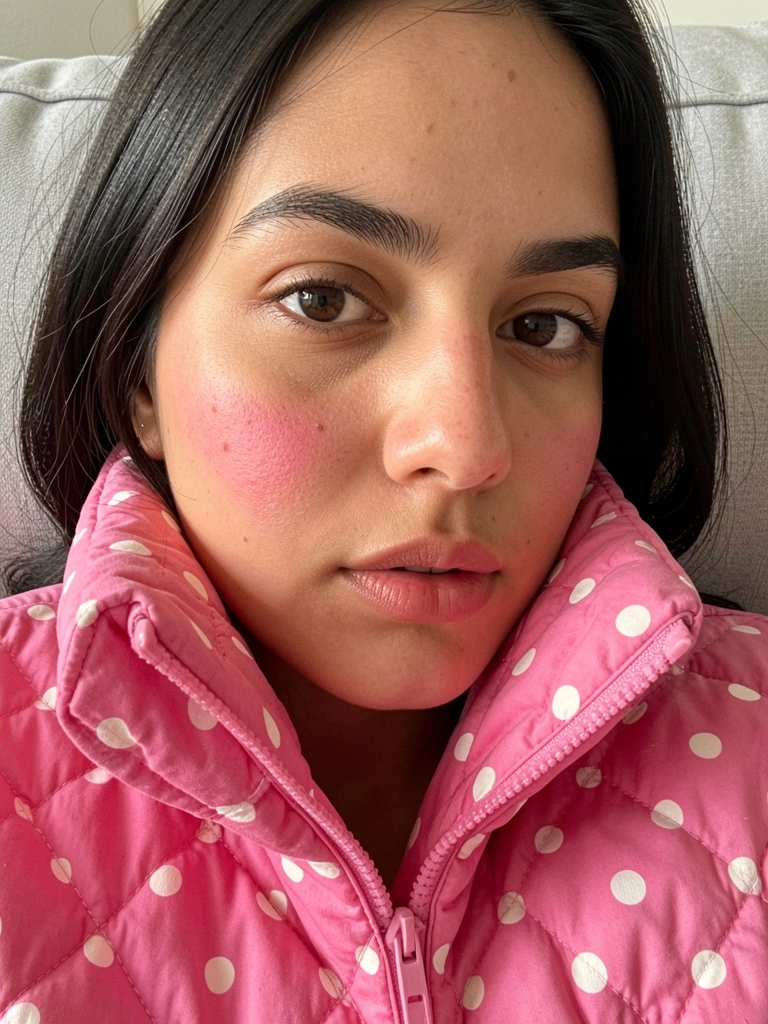 Jovem de cabelo escuro com jaqueta acolchoada rosa de bolinhas brancas, rosto parcialmente coberto pela gola, foco nos olhos e sobrancelhas, luz natural difusa, fundo de sofá cinza claro.