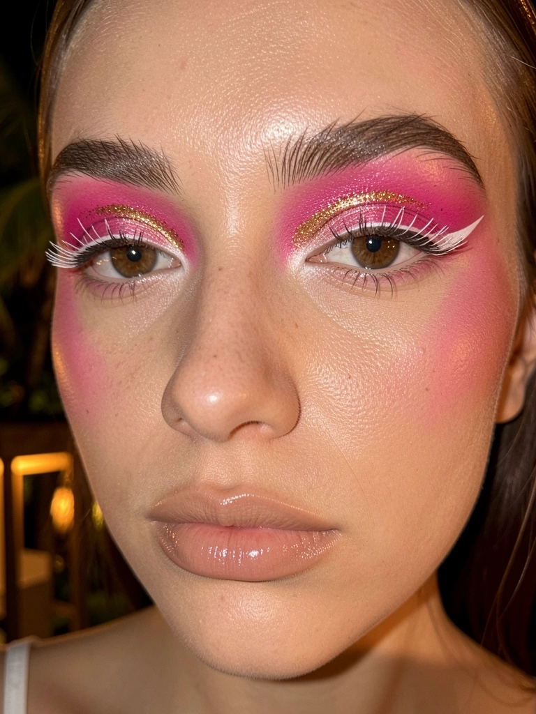 Close-up de olhos com sombra rosa choque, glitter dourado, delineado branco e lábios nus, pele com brilho natural e luz difusa quente.