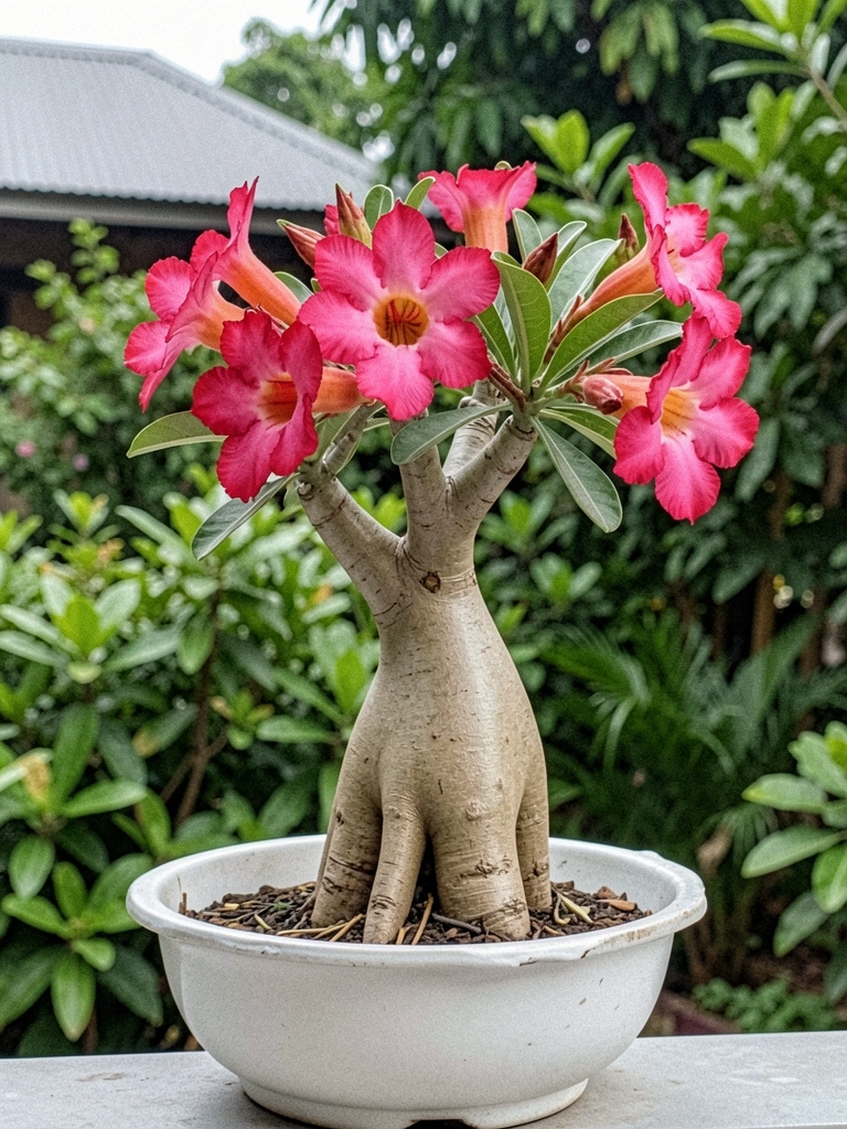 Rosa do deserto com flores rosa vibrantes e tronco escultural em vaso branco sobre fundo neutro.