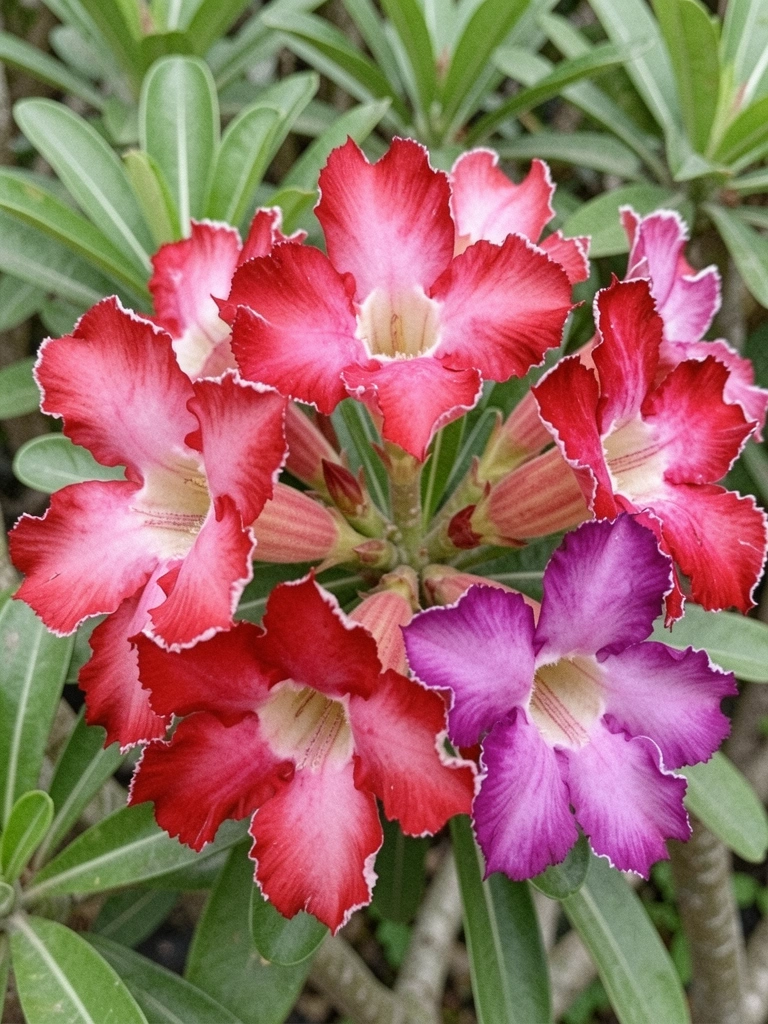 Rosas do deserto em vasos com flores rosa, vermelhas e roxas sobre fundo claro.