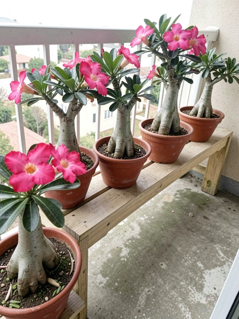 Vasos de rosas do deserto alinhados em suporte horizontal na varanda, com flores em tons de rosa e branco.