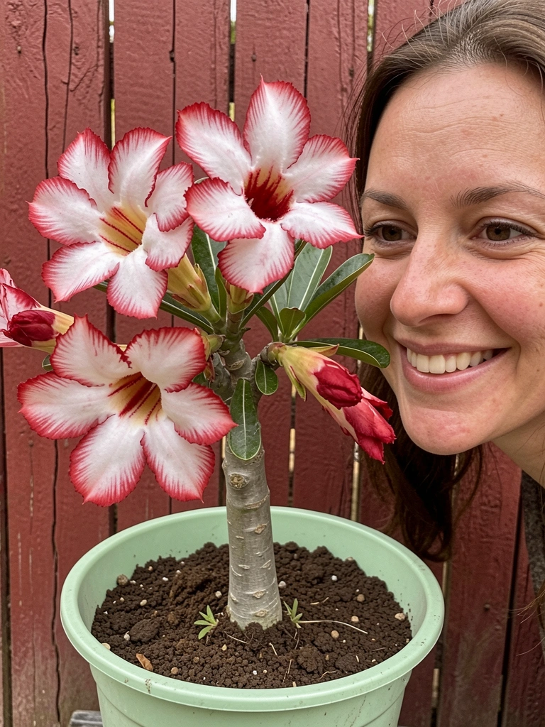 Pessoa inclinada sobre uma rosa do deserto, observando os detalhes da planta com expressão curiosa.