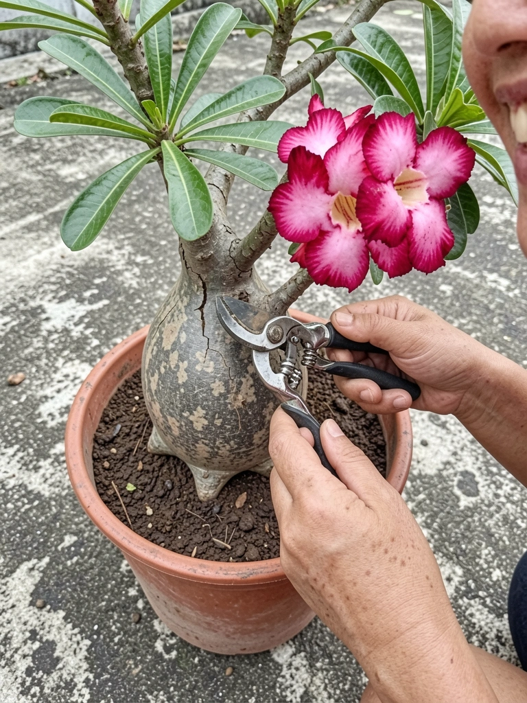 Corte de caule de rosa do deserto sendo preparado para estaquia, com broto e substrato visíveis.