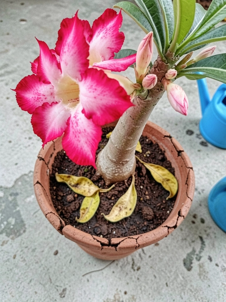 Vaso com rosa do deserto e folhas amareladas caídas sobre a terra seca.