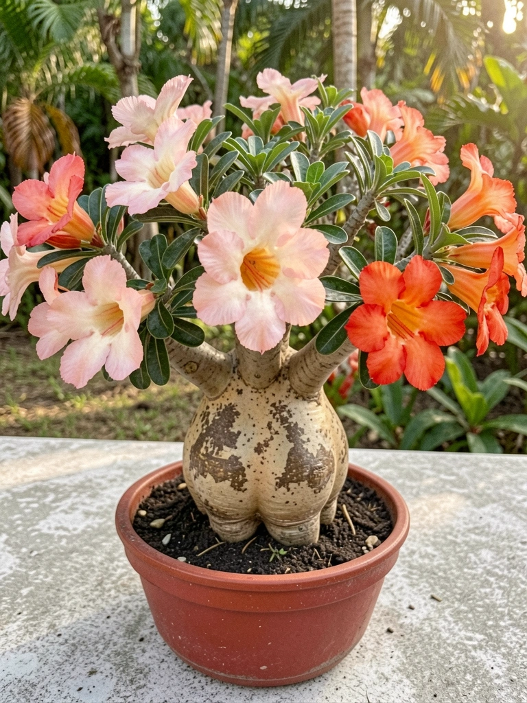 Rosa do deserto com tronco retorcido e flores rosas em paisagem tropical.