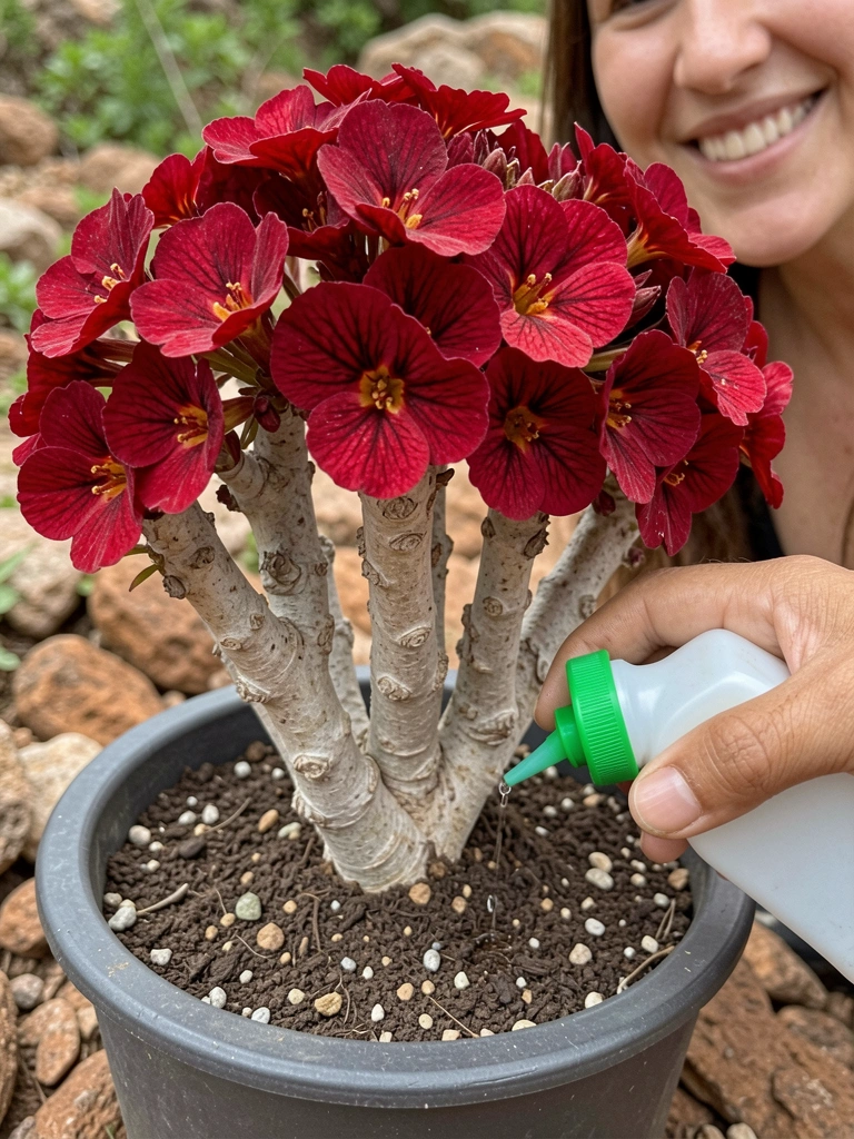 Frasco de fertilizante sendo aplicado sobre uma suculenta em vaso.