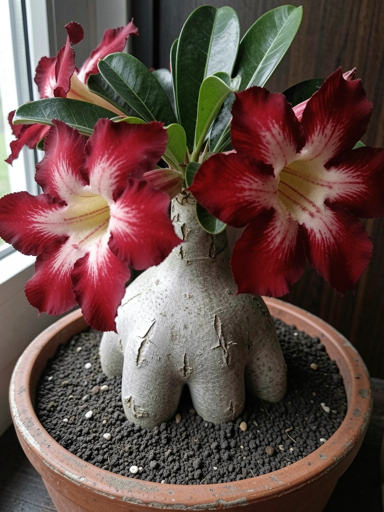 Rosa do deserto com caudex espesso e modelado em estilo bonsai, galhos finos e flores rosadas.