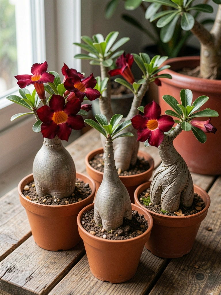 Mudas de rosas do deserto com caudex de diferentes formas e tamanhos, dispostas em vasos sobre uma bancada.