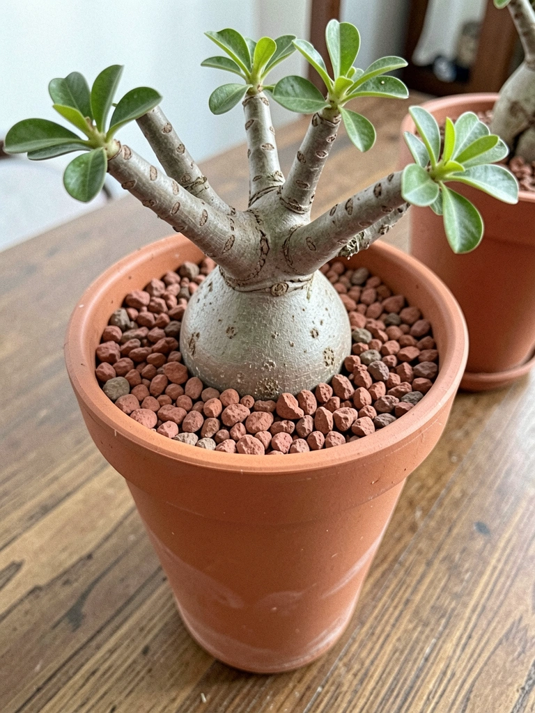 Rosa do deserto com caule grosso e flores rosadas em vaso de barro alto, fundo neutro.