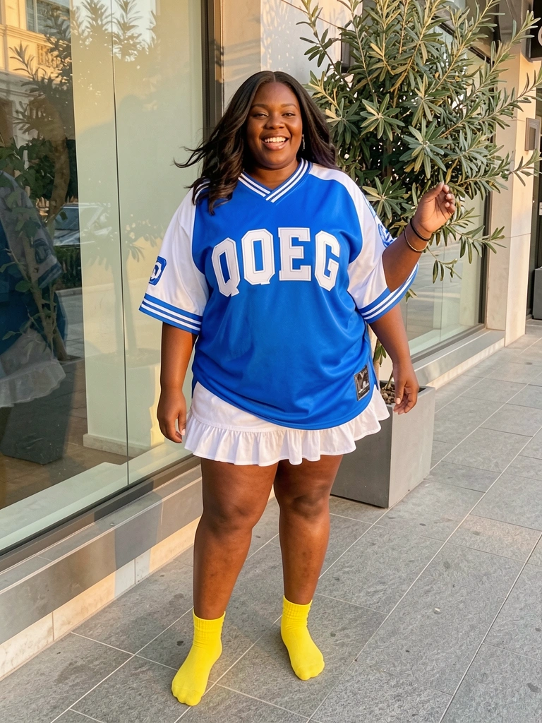 Mulher negra plus size com camisa esportiva azul e branca, saia branca pregueada e meias amarelas, sorrindo em calçada cinza com vidraça e planta ao fundo.