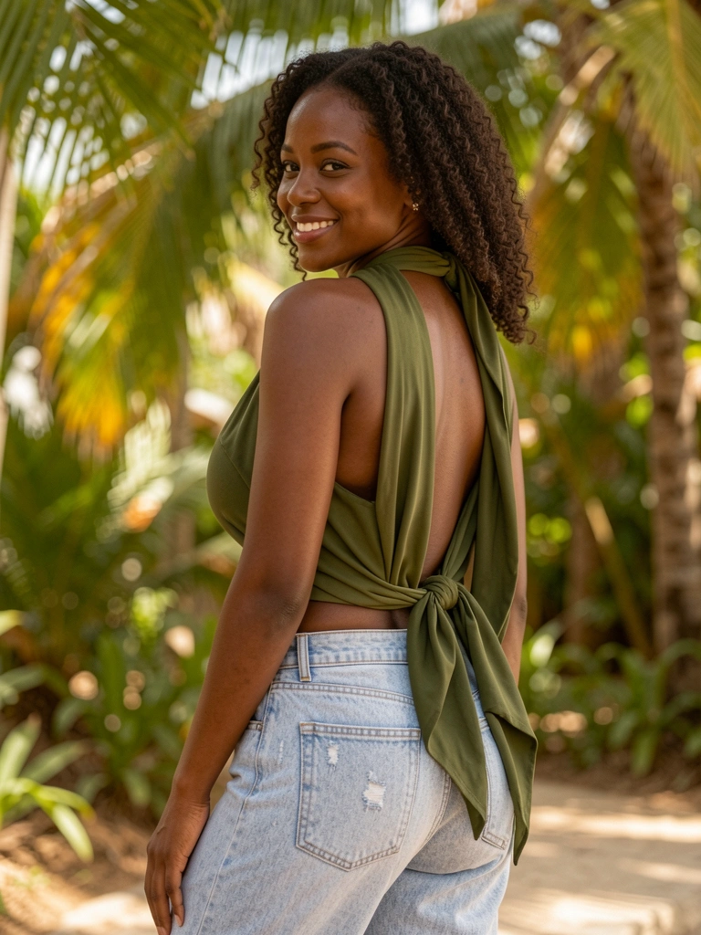 Mulher negra de top verde oliva com decote halter e costas nuas, calça jeans clara desbotada, luz natural filtrada por folhas de palmeira, ambiente tropical.