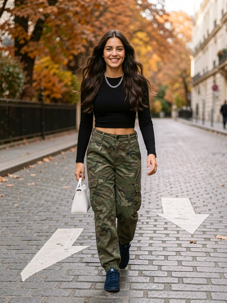 Mulher com cabelo cacheado escuro, blusa preta de manga longa, calça cargo verde oliva e tênis azul marinho, andando em rua de paralelepípedos com folhas alaranjadas e seta no chão.