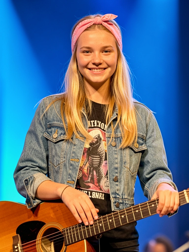 Jovem de cabelo loiro comprido com bandana rosa na cabeça, jaqueta jeans cropped e camiseta preta com estampa, segurando um violão, sorriso natural, fundo de palco azul com iluminação quente.