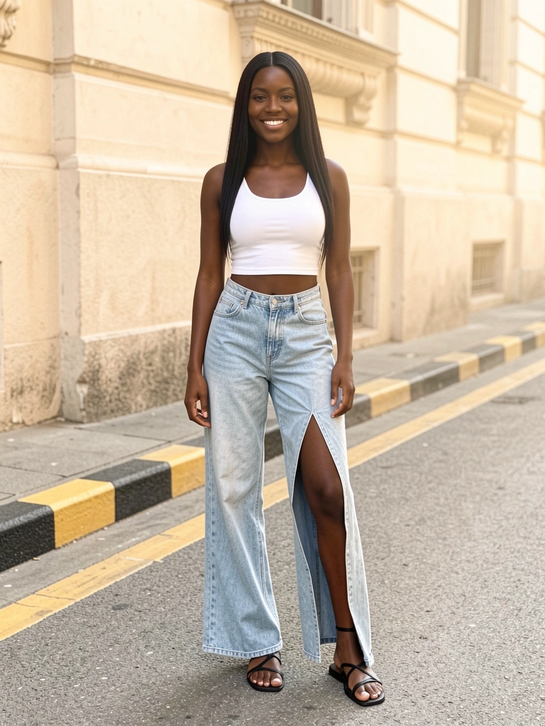 Mulher negra de cabelo liso usando cropped branco e jeans cintura baixa com fenda lateral, em rua asfaltada com fachada bege clara e luz natural.