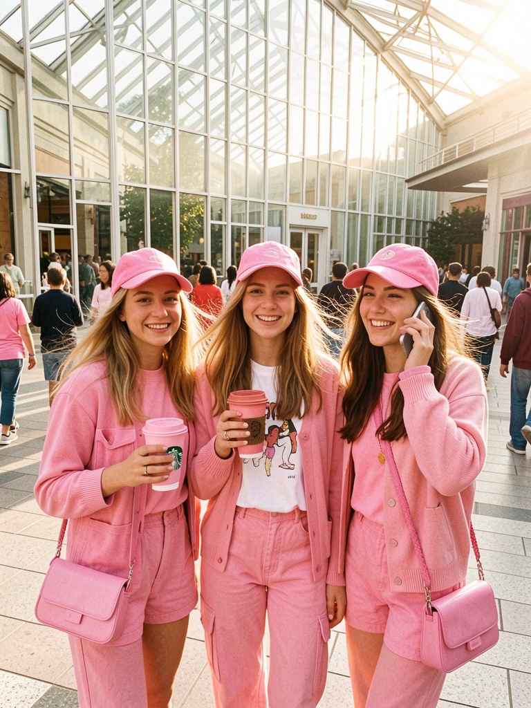 Três mulheres jovens em um shopping ao ar livre, nos anos 2000, usando roupas e acessórios cor-de-rosa, com copo Starbucks e sorrisos genuínos sob luz natural.