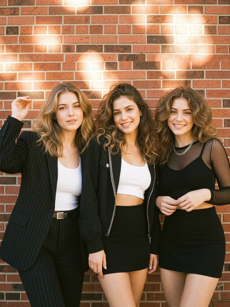 Três mulheres posam contra um muro de tijolos vermelhos, com blazer listrado, jaqueta preta e top mesh, sob luz solar difusa.