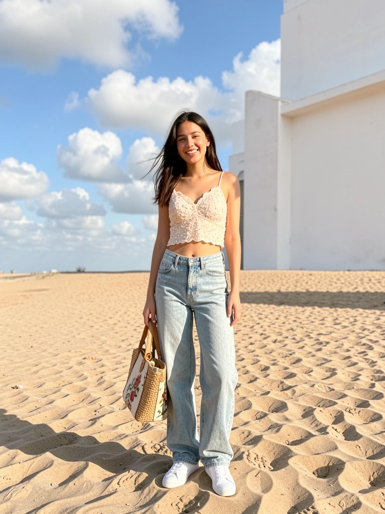 Jovem com cropped bordado, jeans claros e tênis branco em praia, segurando bolsa de palha com estampa floral, ao fundo estrutura branca e céu azul com nuvens.