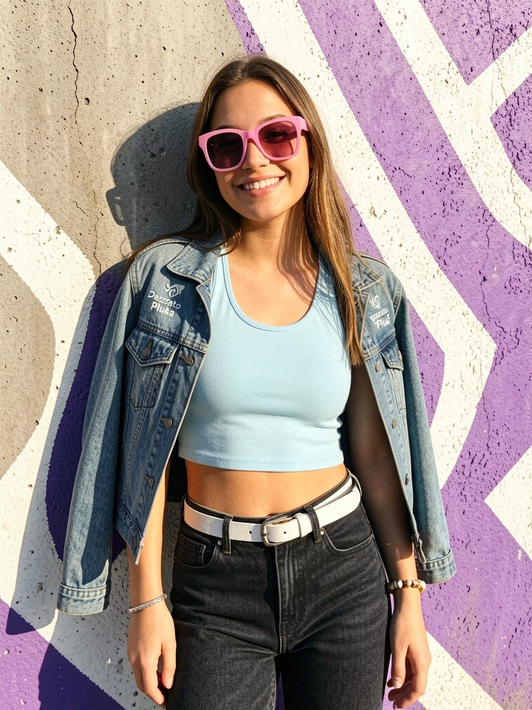 Jovem com jaqueta jeans e óculos rosa oversized, sorrindo encostada em parede concreta com padrão roxo e branco, luz natural intensa.