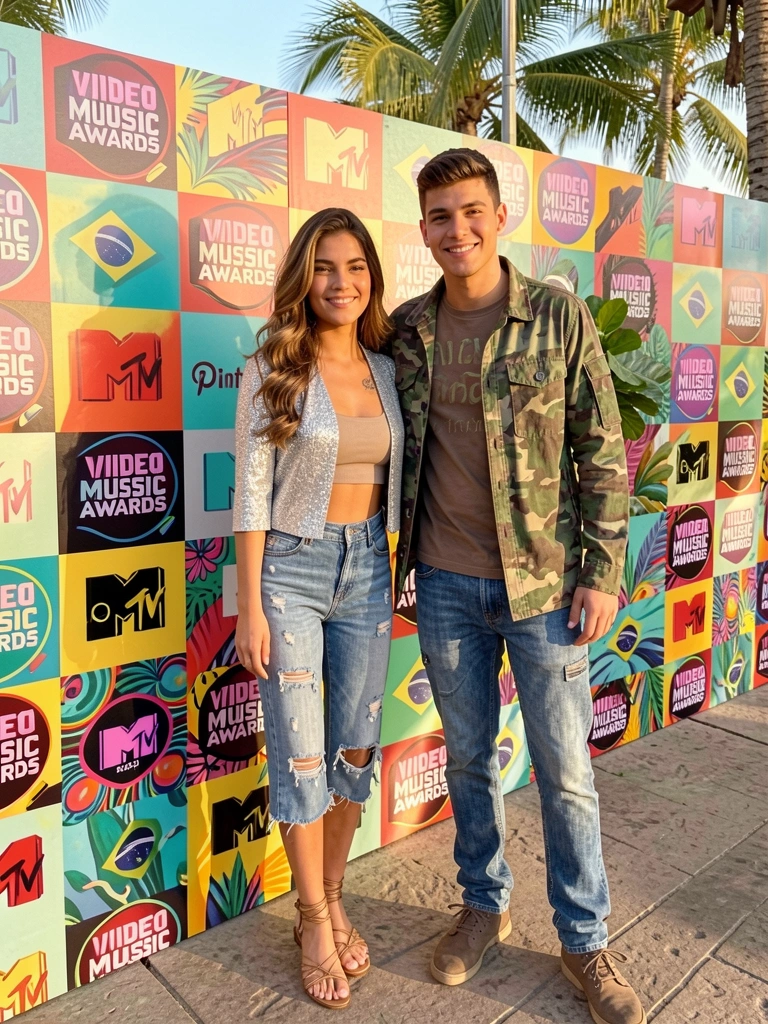 Jovem com jaqueta prateada brilhante e calça jeans desfiada ao lado de rapaz de jaqueta camuflada, em parede estampada com logos do MTV Video Music Awards, luz natural quente.