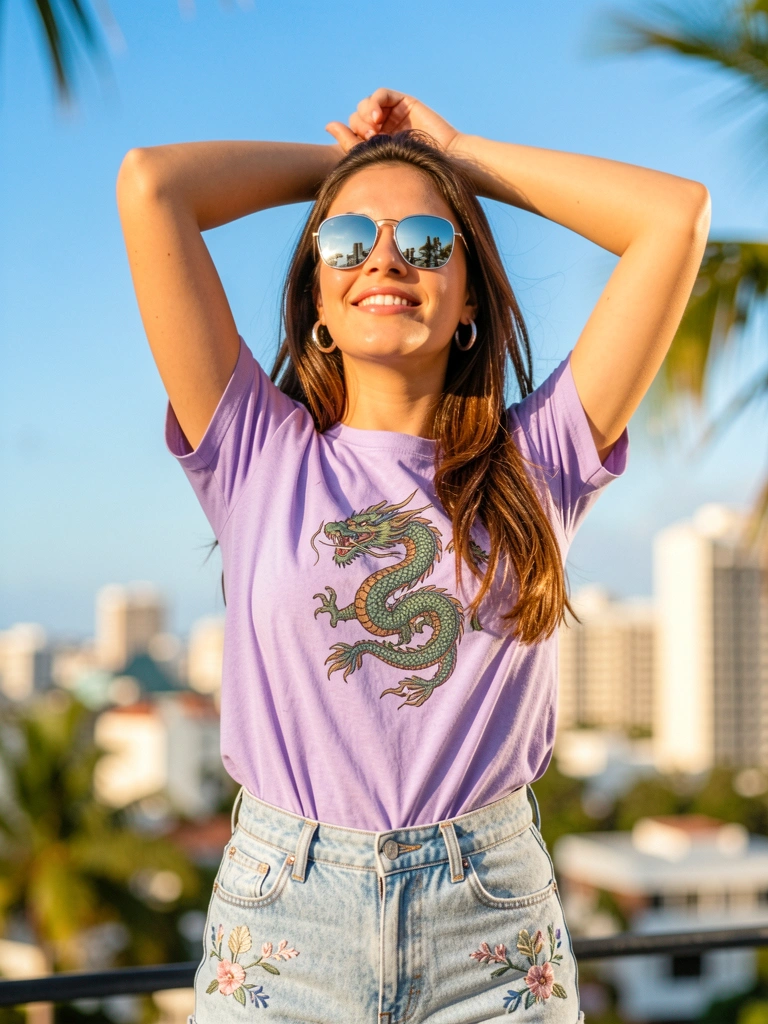Jovem de cabelos longos e camiseta roxa com dragão, shorts jeans bordados e óculos escuros refletindo a luz do sol, ao ar livre com prédios ao fundo.