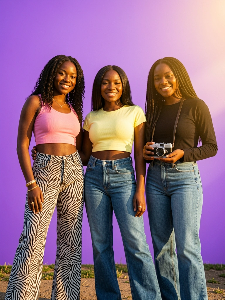 Três mulheres negras jovens em poses casuais ao ar livre: duas usam cropped rosa e amarelo com calças jeans de estampa zebra, uma veste blusa preta e jeans. A da direita segura uma câmera vintage. Fundo gradiente roxo com luz solar suave.