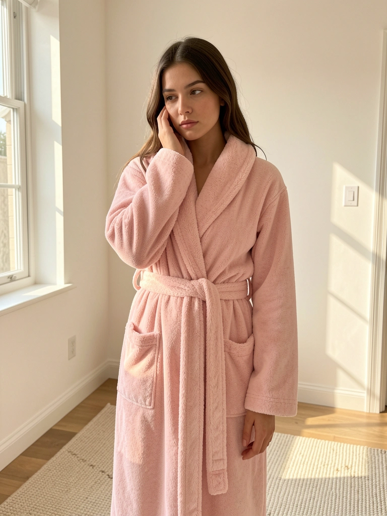 Luz natural incide sobre roupão felpudo rosa claro com gola xale e cinto combinando, mulher toca o rosto em pose contemplativa, quarto com paredes brancas e tapete texturizado.