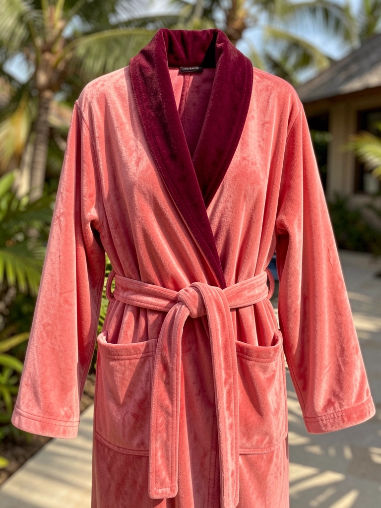 Robe de veludo microfibra rosa coral com gola vinho e cinto amarrado, luz natural difusa e fundo tropical desfocado.