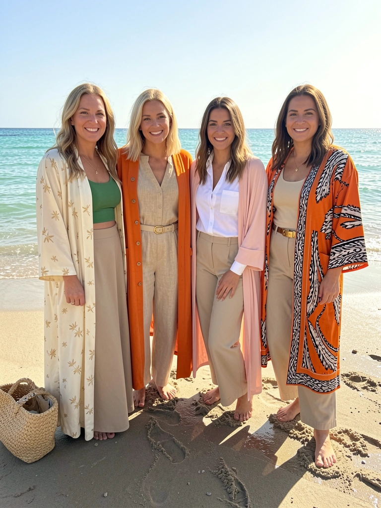 Mulheres em vestes fluidas em tons pastel e laranja na praia, sorrindo para a câmera, cesta de palha na areia molhada.