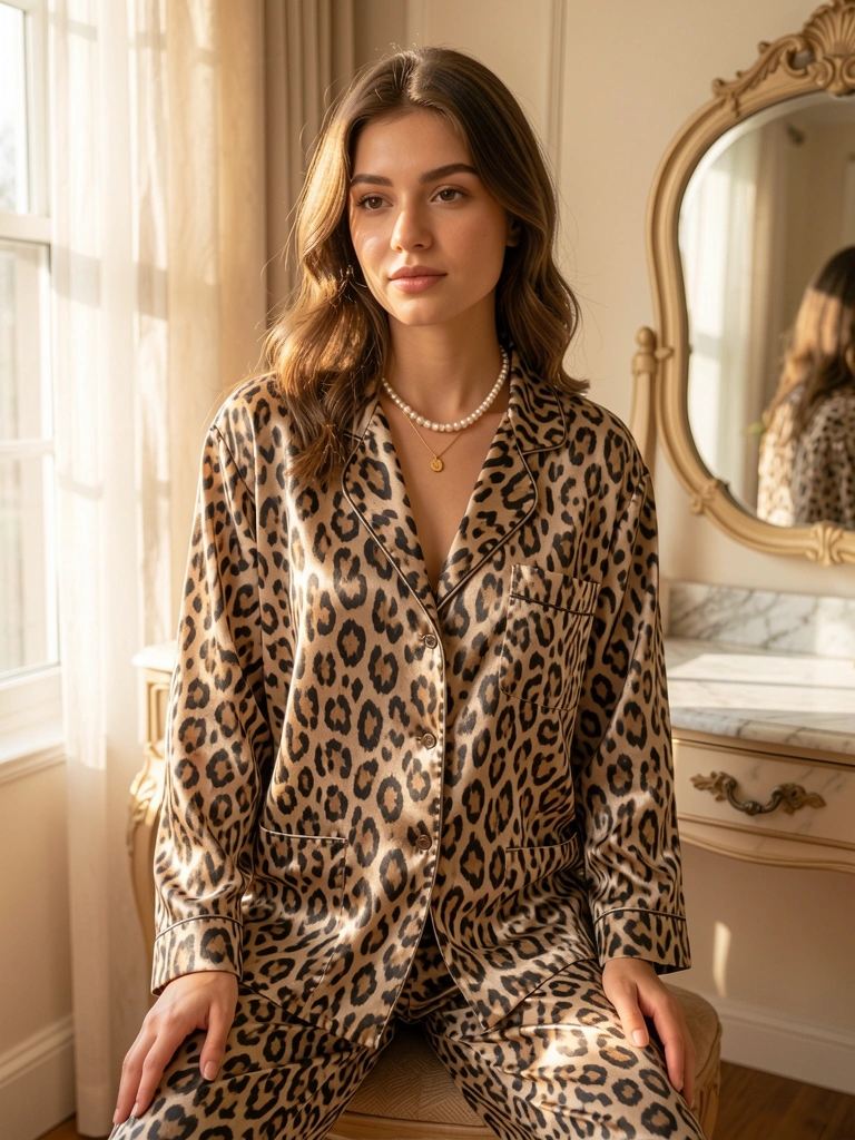 Jovem em pijama de cetim com estampa de leopardo, colar de pérolas e pingente de ouro, à luz natural de quarto com penteadeira de mármore e espelho decorativo.