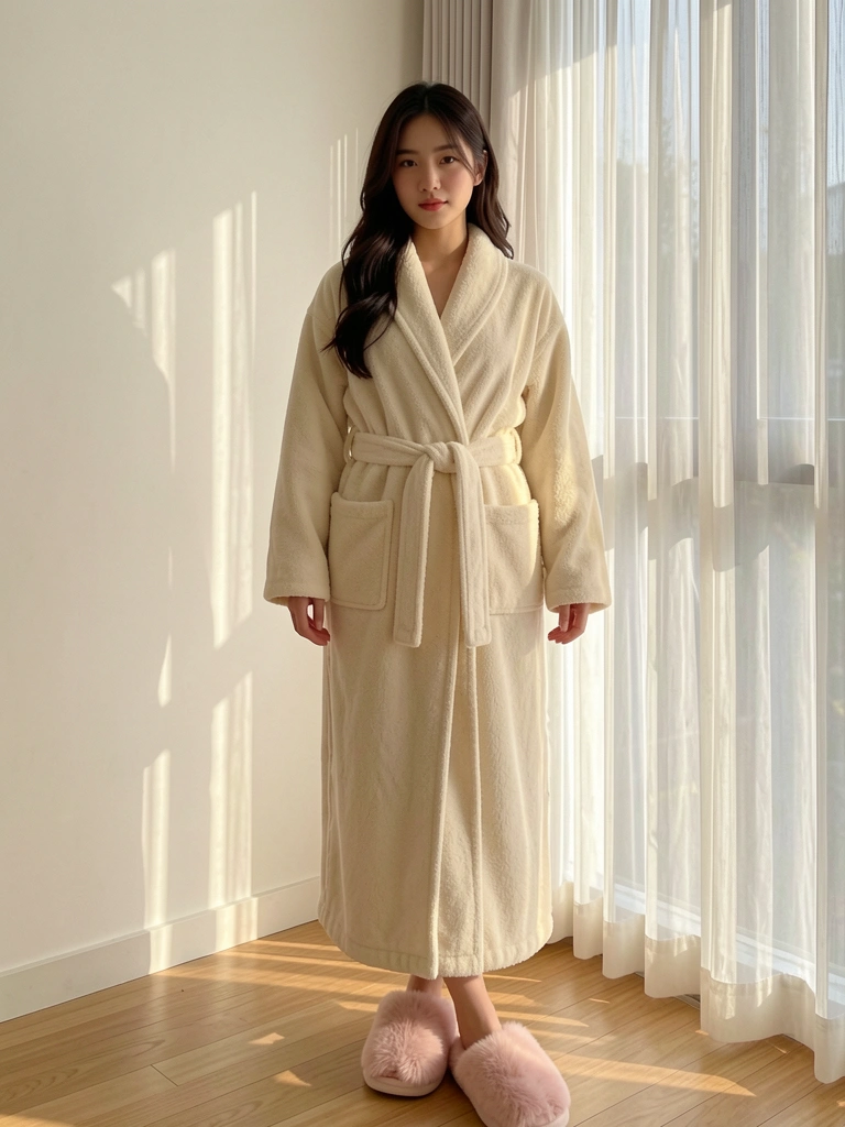 Mulher de roupão creme texturizado e chinelos felpudos rosa-claro em quarto com cortinas brancas e piso claro.