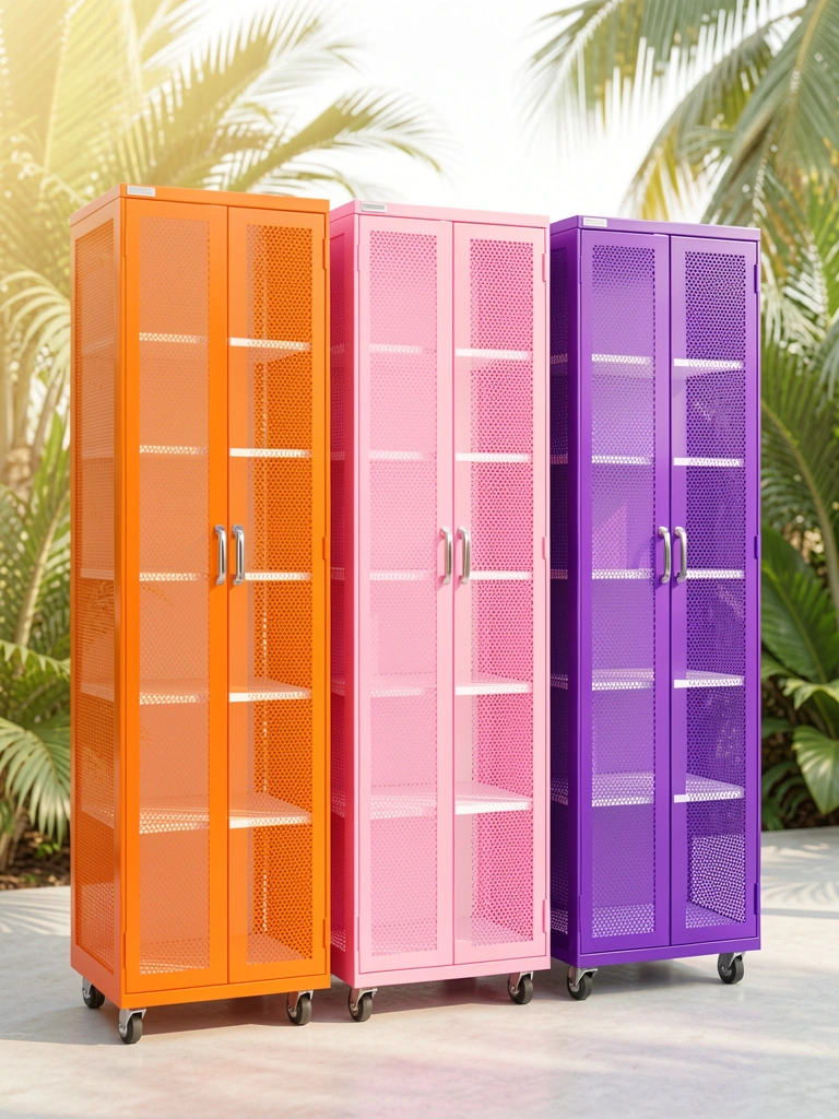 Três armários metálicos laranja, rosa e roxo com portas perfuradas e prateleiras brancas, sobre rodízios, sob luz natural com folhagens ao fundo.