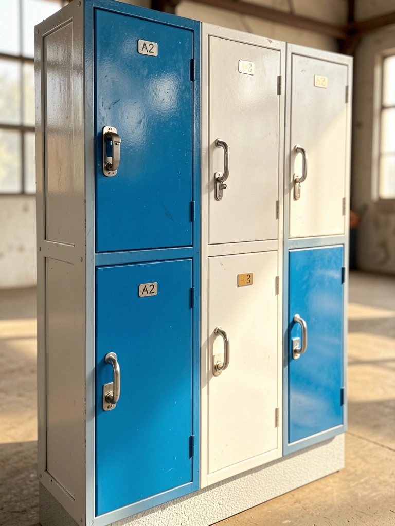 Armário industrial alto com quatro portas azuis e brancas, puxadores metálicos arredondados, luz natural difusa e fundo levemente desfocado.
