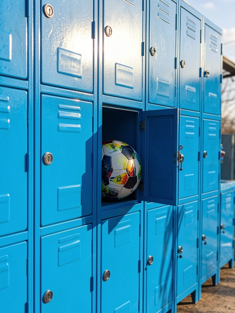 Luz do dia incide sobre armários metálicos azuis com doze portas, uma aberta exibe bola de futebol, fundo ao ar livre.