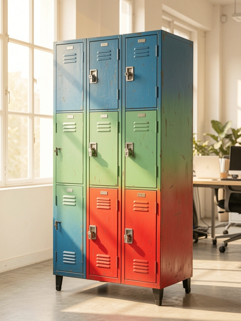 Armário metálico alto de quatro portas em gradiente azul, verde e vermelho, com pequenos pés pretos, em escritório claro com luz natural difusa.