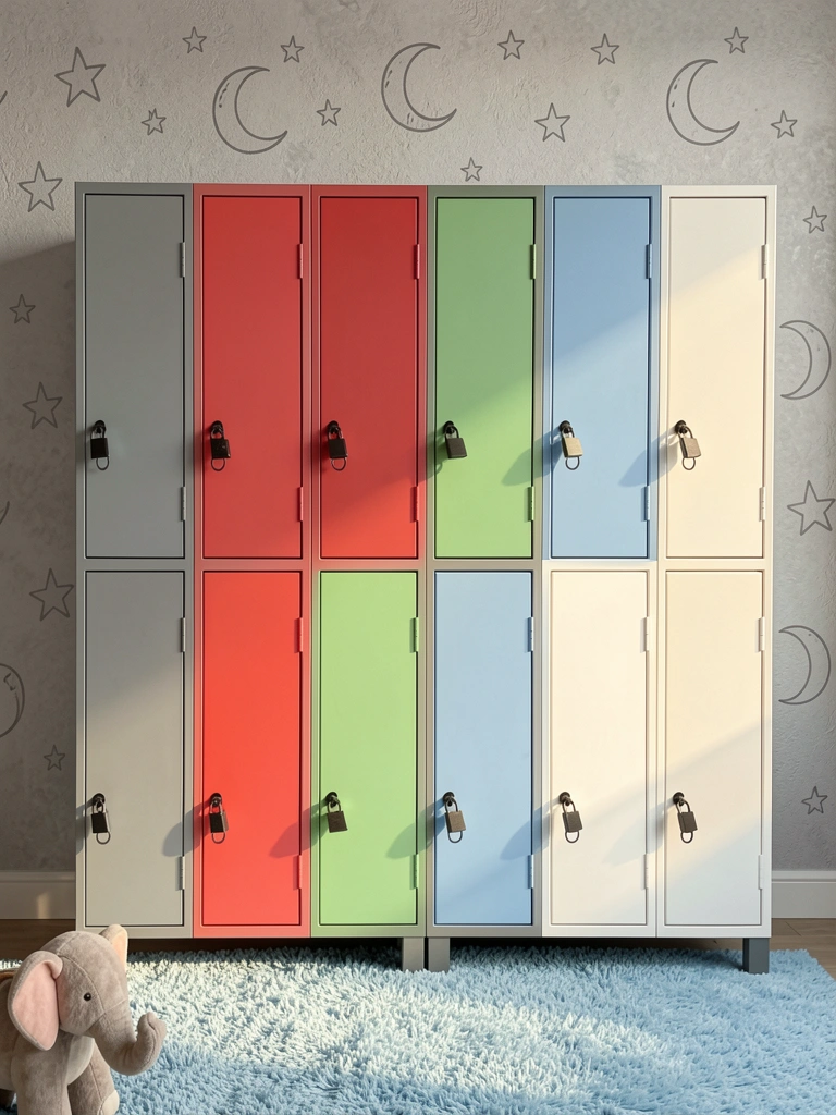 Luz natural incide sobre doze armários coloridos em grade 3x4, com portas em tons pastel, contra parede cinza clara com rabiscos de estrelas e luas.