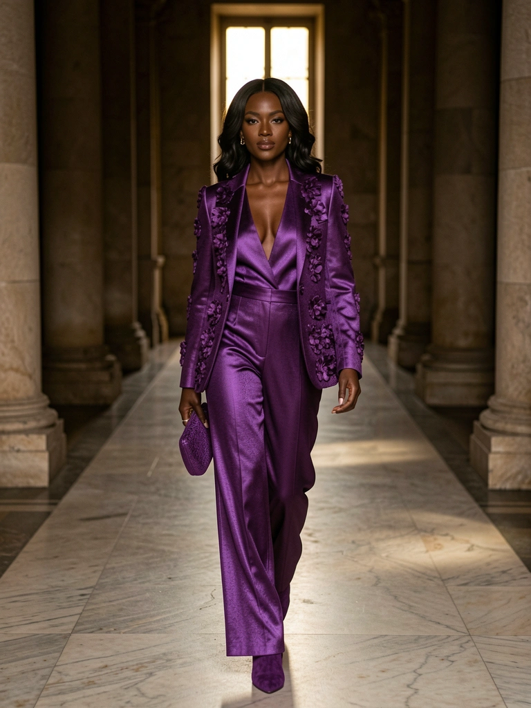 Mulher negra em terno roxo acetinado com bordados florais, saltos altos combinando, caminhando em piso de mármore sob luz natural em salão com colunas.