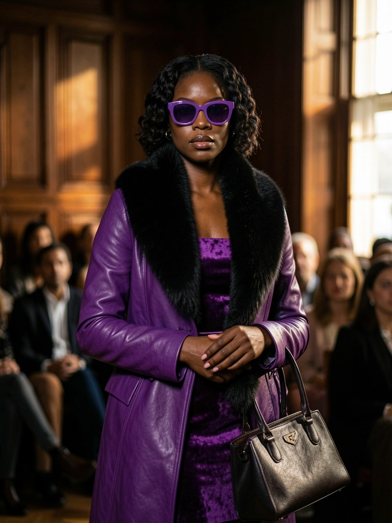 Mulher negra com casaco de couro roxo e estola de pele preta, segurando bolsa escura em salão com painéis de madeira e luz dramática.