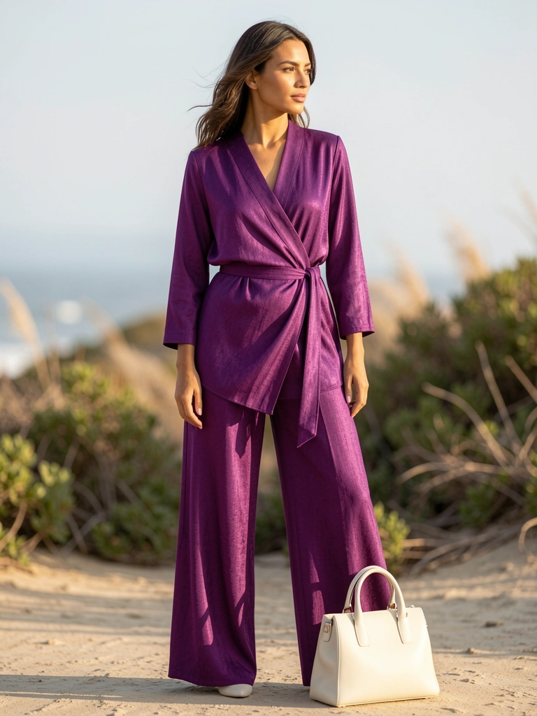 Mulher com blusa roxa fluida e calça larga combinando, bolsa off-white no chão, luz natural com fundo costeiro desfocado.