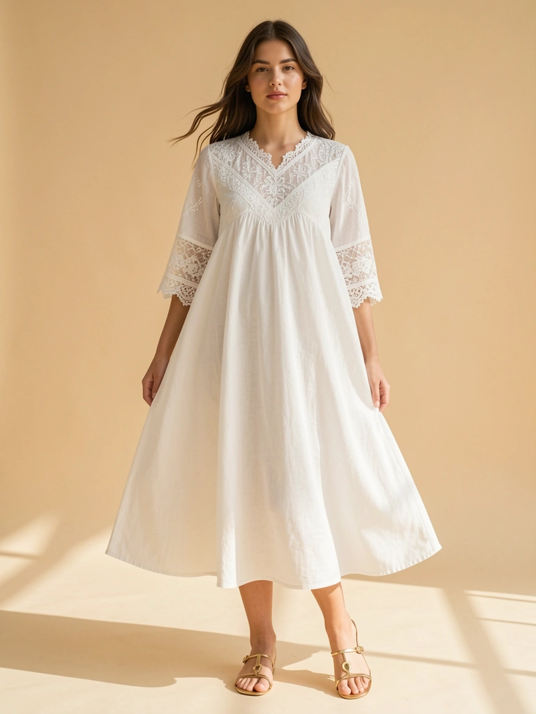 Mulher com vestido branco de renda e sandálias douradas, luz difusa e fundo bege claro.