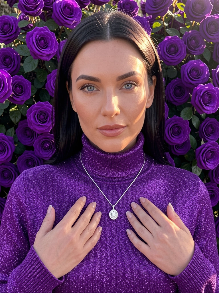 Mulher de cabelo escuro e olhos azuis, suéter roxo cintilante e colar de diamante, campo de rosas roxas ao fundo, luz natural