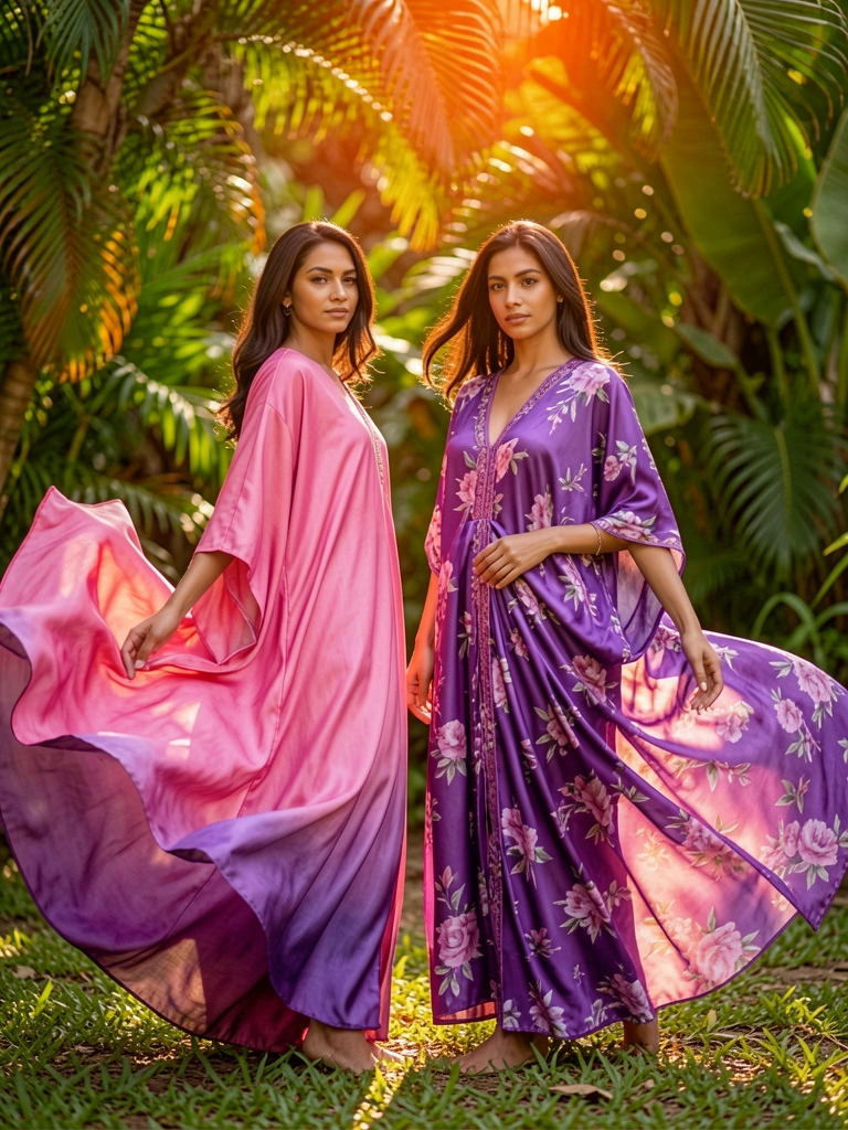 Duas mulheres em kaftans de seda rosa e roxo, um com degradê e outro com estampa floral, tecidos esvoaçantes ao vento, luz salpicada por folhagens tropicais ao fundo.